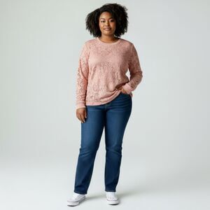 ADRIANNA PAPELL Pink Warm Blush Lace Long Sleeve Top Blouse - 2X